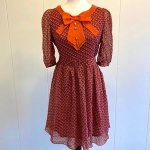 RARE Freeway Dress Medium Burnt Orange Short Sleeves Excellent Condition Bow Tie